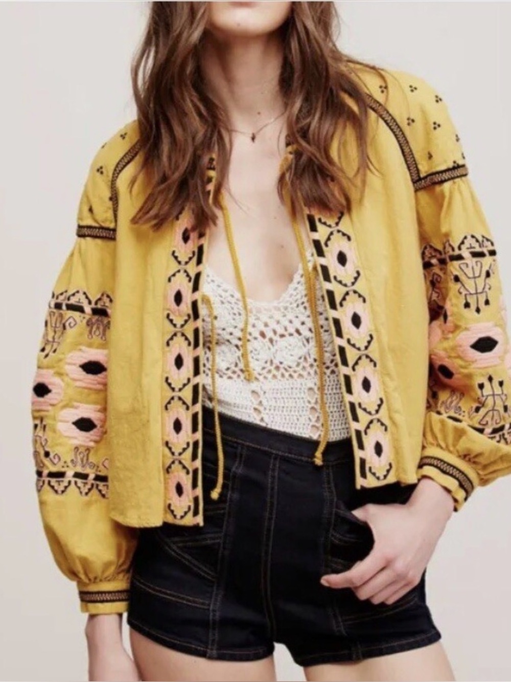 Anthropologie RD Style Mustard Yellow Embroidered Top 100% Cotton